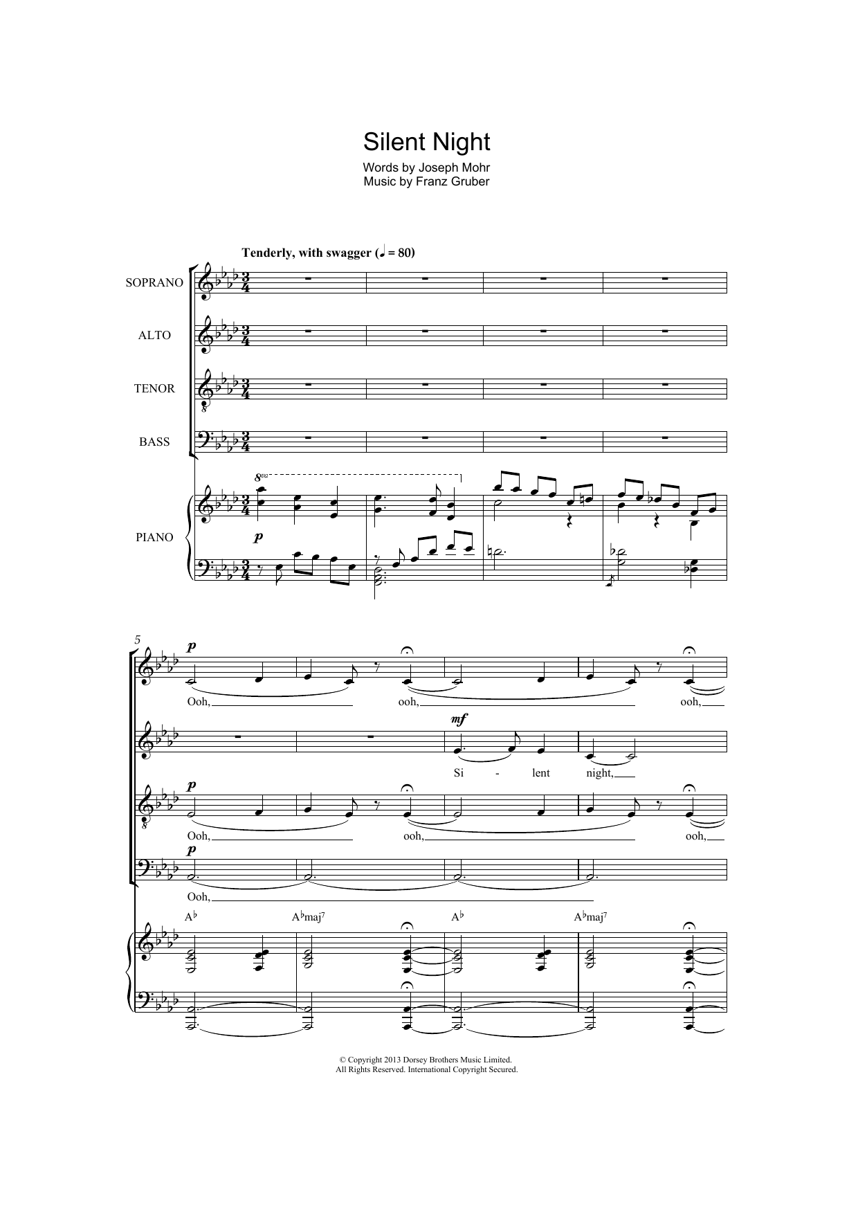 Franz Gruber Silent Night sheet music notes and chords. Download Printable PDF.