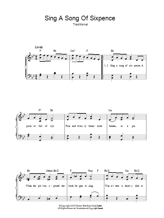 Traditional Sing A Song Of Sixpence sheet music notes and chords. Download Printable PDF.