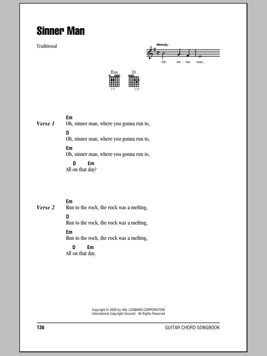 Traditional Sinner Man sheet music notes and chords. Download Printable PDF.