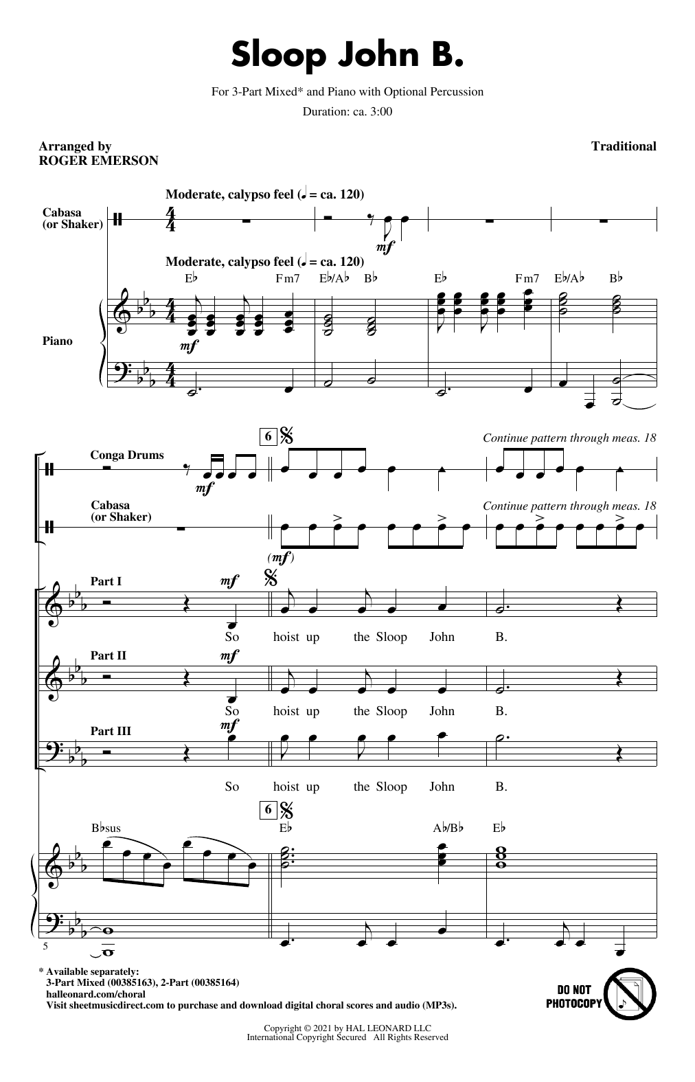 Traditional Sloop John B. (arr. Roger Emerson) sheet music notes and chords. Download Printable PDF.