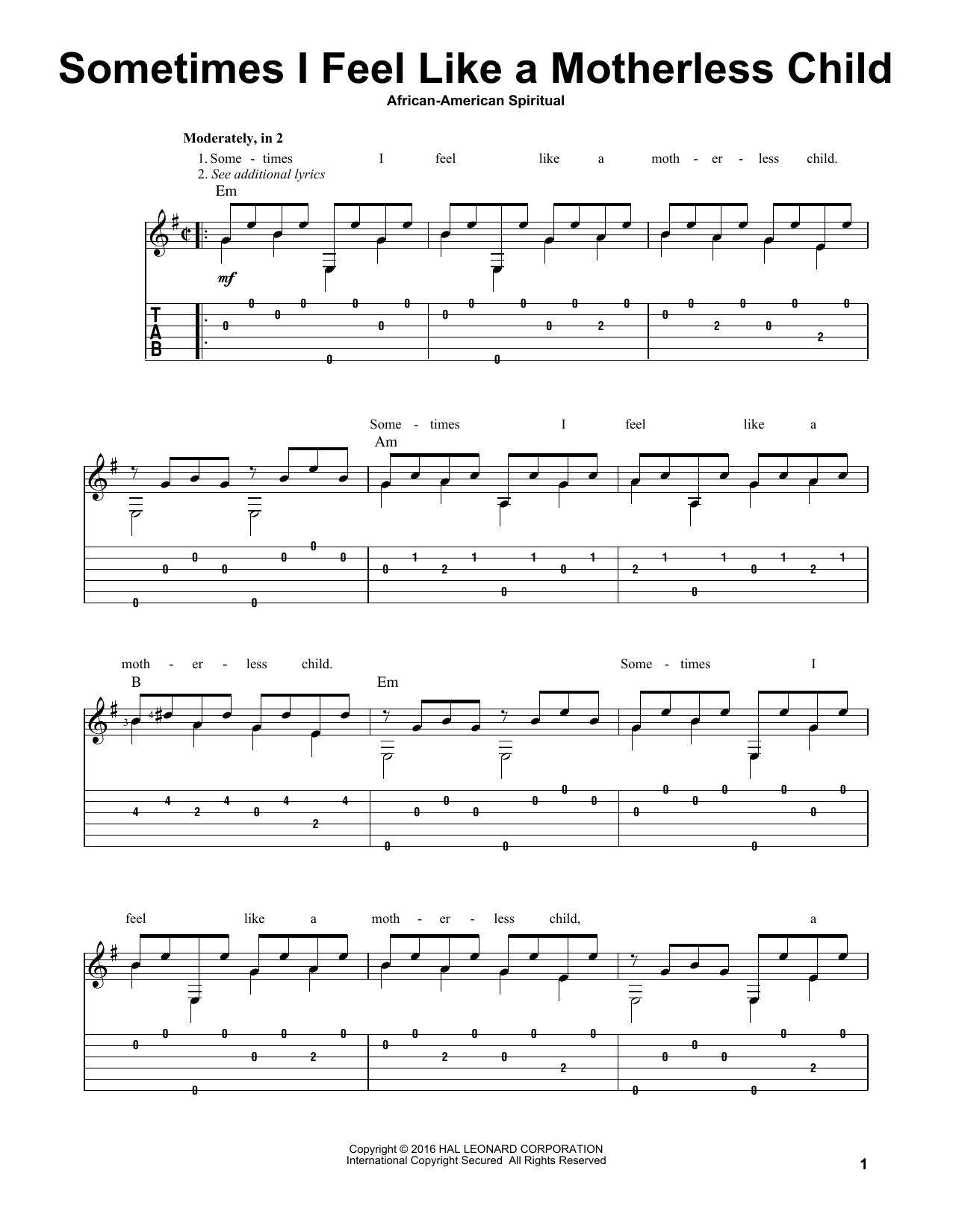 African-American Spiritual Sometimes I Feel Like A Motherless Child sheet music notes and chords. Download Printable PDF.