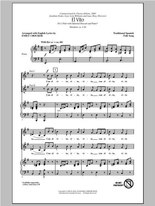 Traditional Spanish Folksong El Vito (arr. Emily Crocker) sheet music notes and chords. Download Printable PDF.