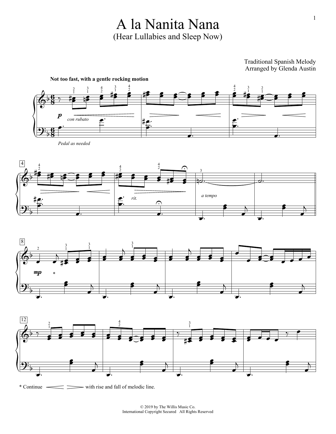 Traditional Spanish Melody A La Nanita Nana (Hear Lullabies And Sleep Now) (arr. Glenda Austin) sheet music notes and chords. Download Printable PDF.