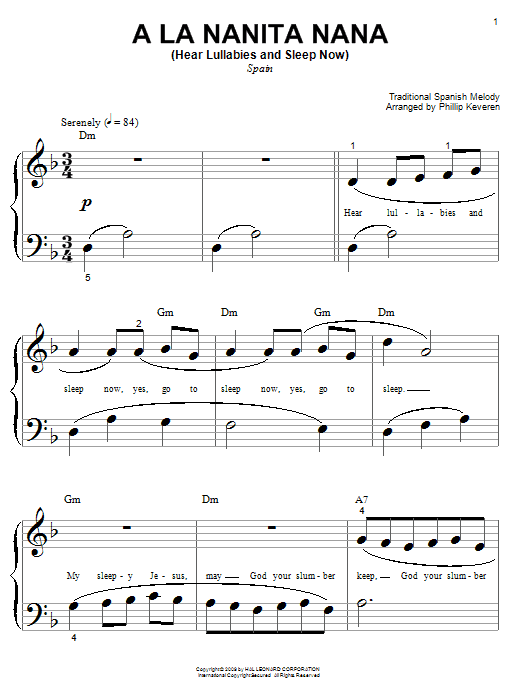 Learn to play Traditional Spanish Melody A La Nanita Nana (Hear Lullabies And Sleep Now) sheet music for Big Note Piano in minutes. Price: 6.9900$ Traditional Spanish Melody A La Nanita Nana (Hear Lullabies And Sleep Now) sheet music notes and chords arranged for Big Note Piano
