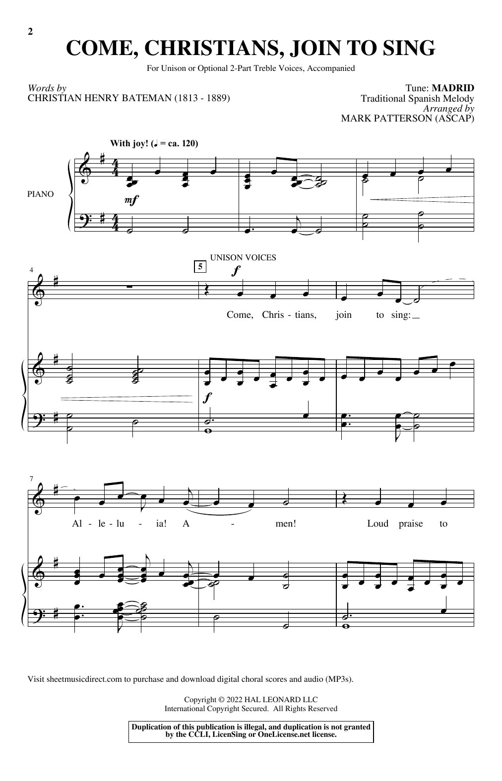 Learn to play Traditional Spanish Melody Come, Christians, Join To Sing (arr. Mark Patterson) sheet music for Unison Choir in minutes. Price: 3.9900$ Traditional Spanish Melody Come, Christians, Join To Sing (arr. Mark Patterson) sheet music notes and chords arranged for Unison Choir