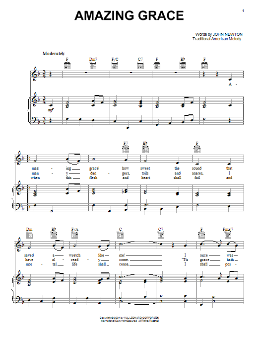 Traditional Amazing Grace sheet music notes and chords. Download Printable PDF.