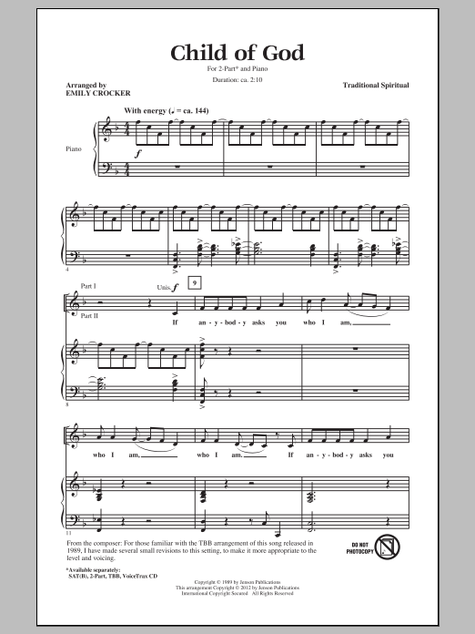 Traditional Spiritual Child Of God (arr. Emily Crocker) sheet music notes and chords. Download Printable PDF.