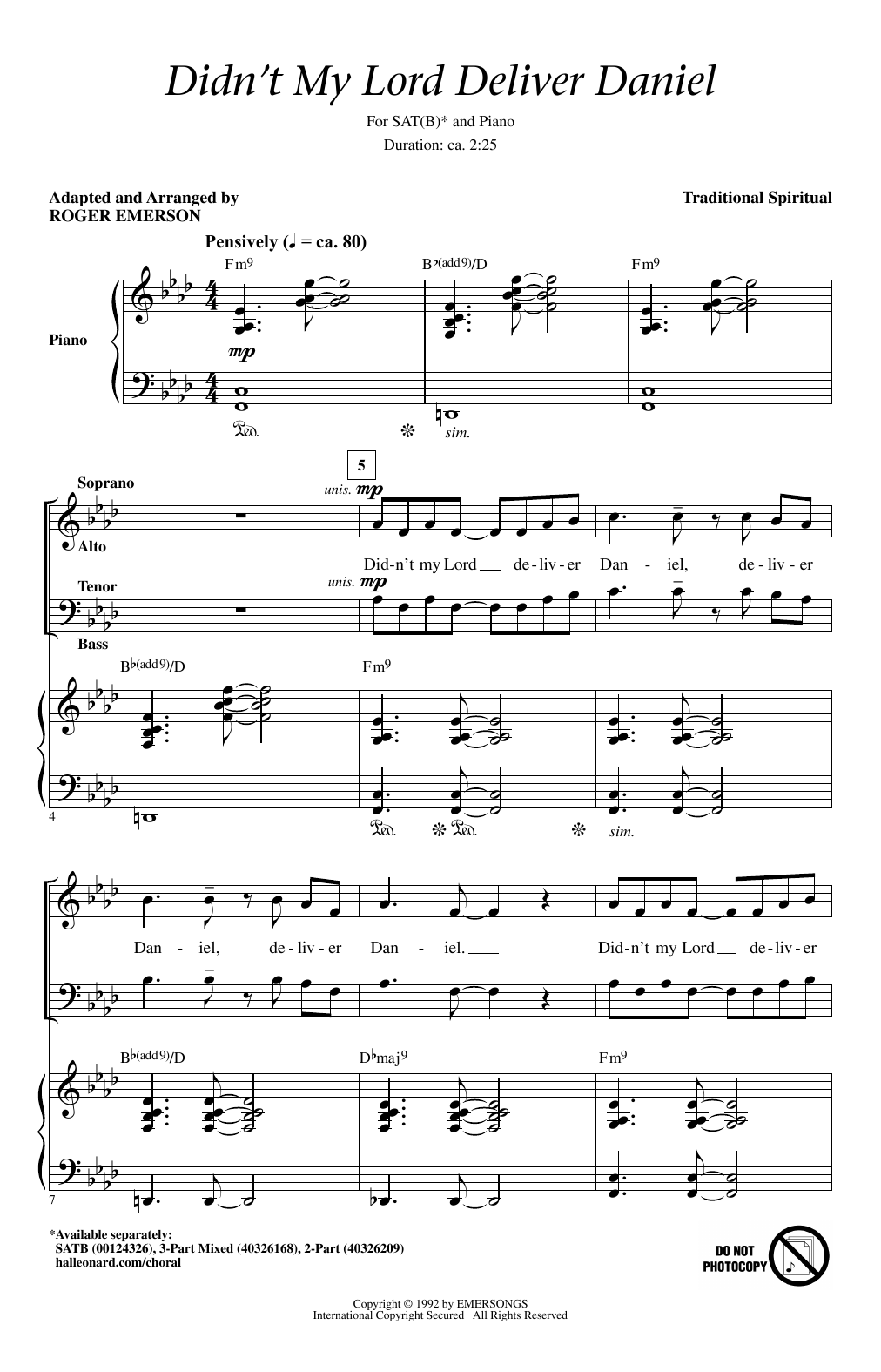 Roger Emerson Didn't My Lord Deliver Daniel sheet music notes and chords. Download Printable PDF.