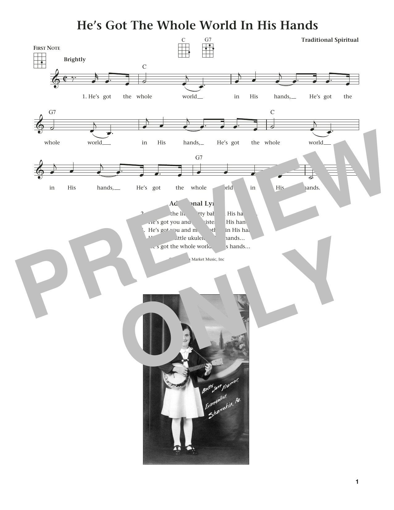 Learn to play Traditional Spiritual He's Got The Whole World In His Hands (from The Daily Ukulele) (arr. Liz and Jim Beloff) sheet music for Ukulele in minutes. Price: 5.9900$ Traditional Spiritual He's Got The Whole World In His Hands (from The Daily Ukulele) (arr. Liz and Jim Beloff) sheet music notes and chords arranged for Ukulele