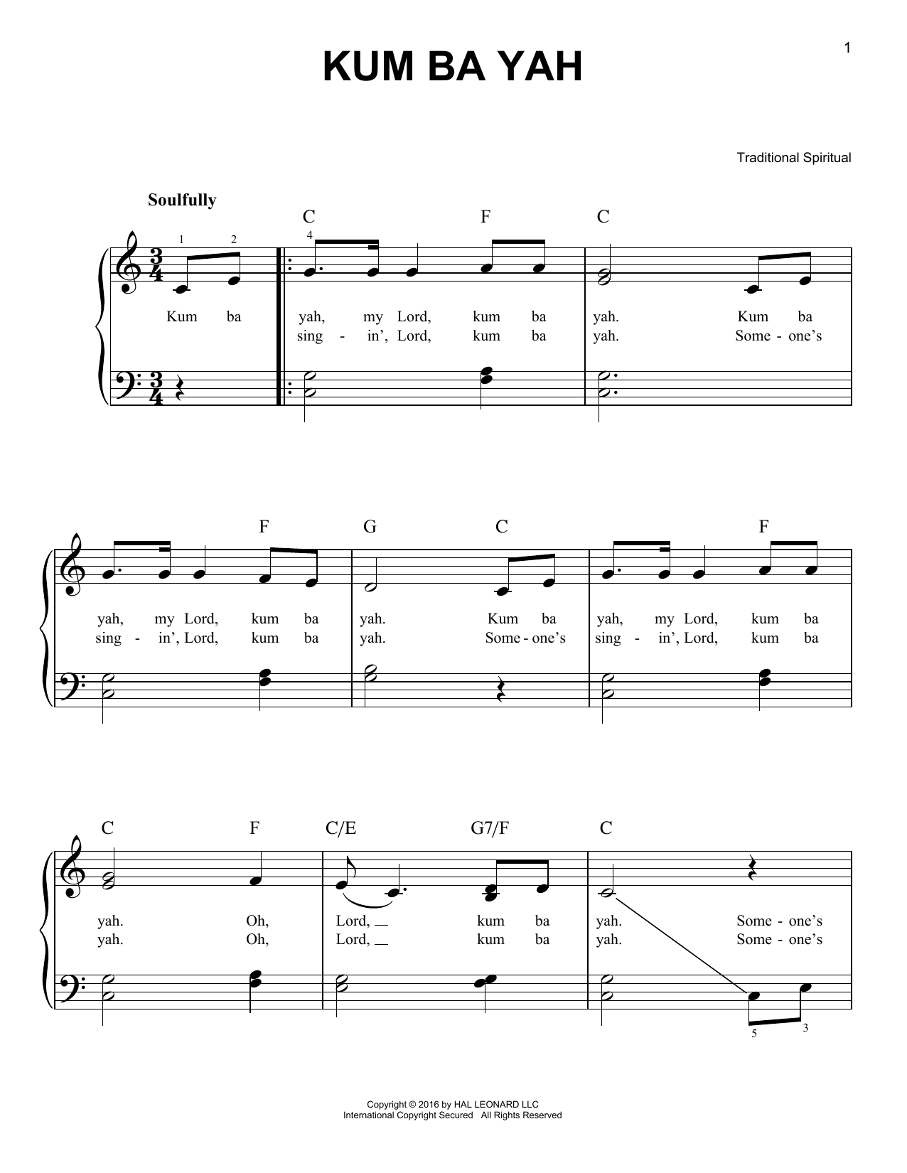 Traditional Spiritual Kum Ba Yah sheet music notes and chords. Download Printable PDF.