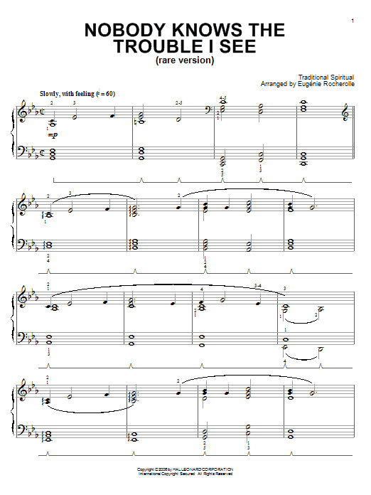 Learn to play Traditional Spiritual Nobody Knows De Trouble I See (Rare Version) sheet music for Piano Solo in minutes. Price: 7.8900$ Traditional Spiritual Nobody Knows De Trouble I See (Rare Version) sheet music notes and chords arranged for Piano Solo