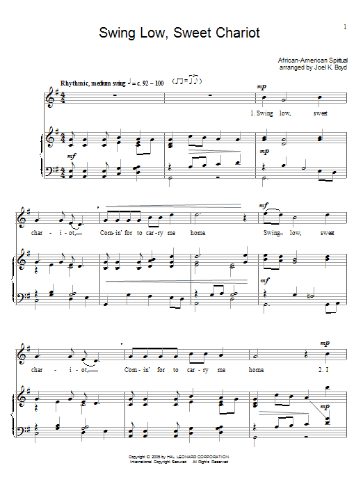 Traditional Spiritual Swing Low, Sweet Chariot sheet music notes and chords. Download Printable PDF.