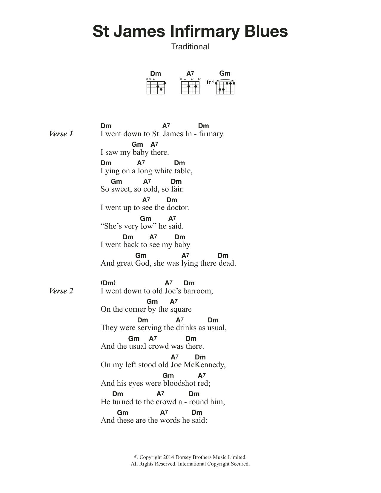 Traditional St James' Infirmary Blues sheet music notes and chords. Download Printable PDF.