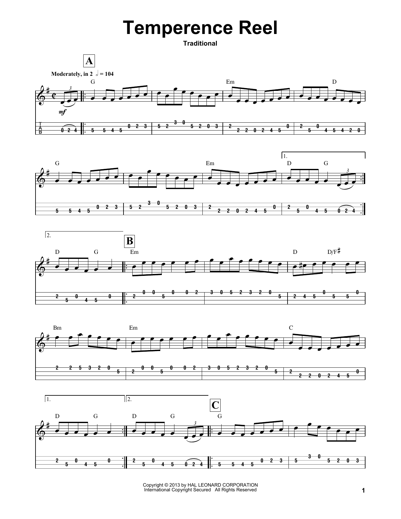 Traditional Temperence Reel (Temperance Reel) sheet music notes and chords. Download Printable PDF.