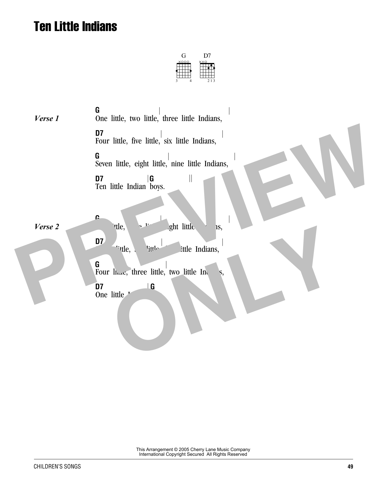 Traditional Ten Little Indians sheet music notes and chords. Download Printable PDF.