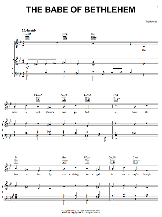 Learn to play Traditional The Babe Of Bethlehem sheet music for Piano, Vocal & Guitar Chords (Right-Hand Melody) in minutes. Price: 7.8900$ Traditional The Babe Of Bethlehem sheet music notes and chords arranged for Piano, Vocal & Guitar Chords (Right-Hand Melody)