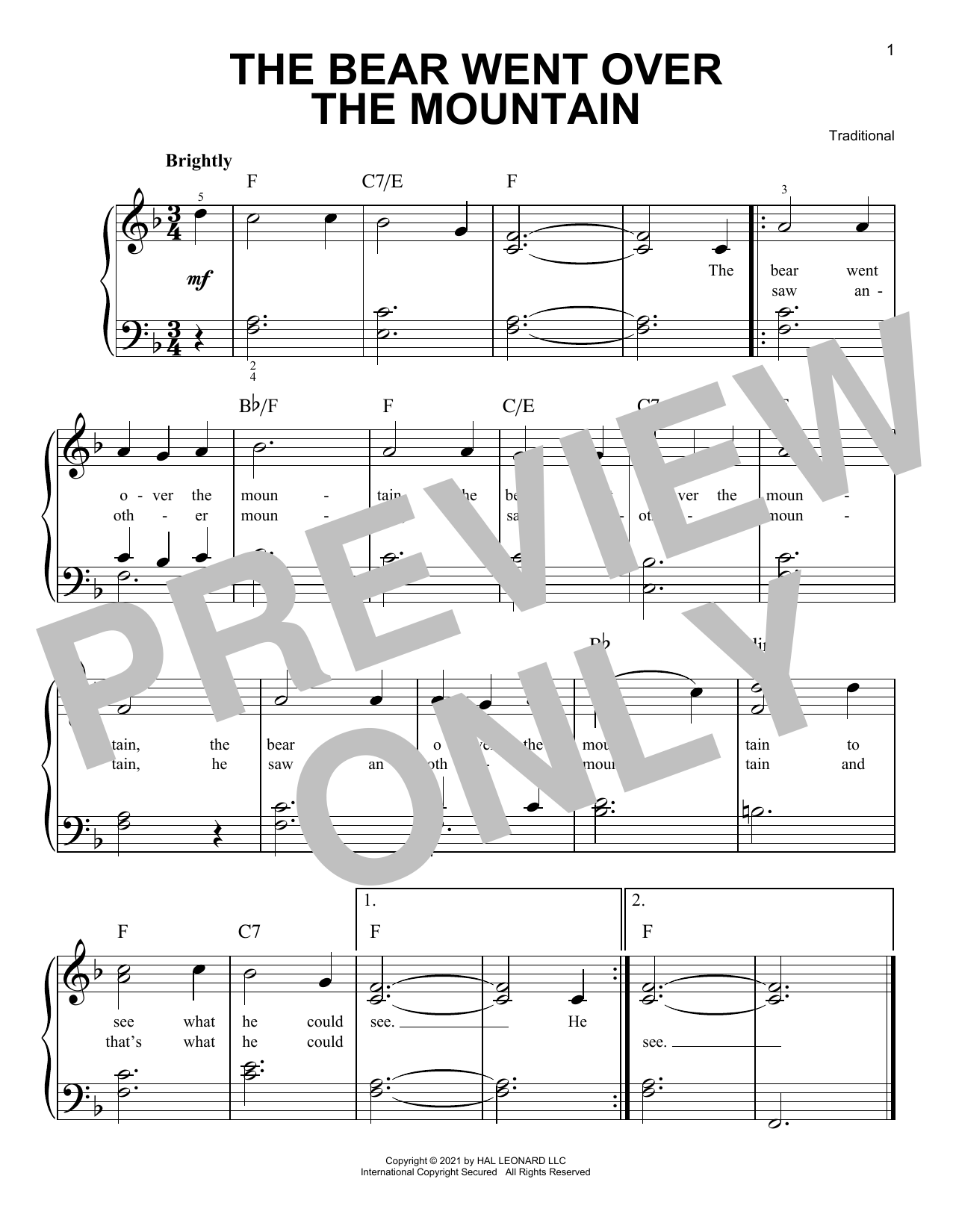 Traditional The Bear Went Over The Mountain sheet music notes and chords. Download Printable PDF.