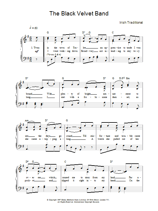 Irish Folksong The Black Velvet Band sheet music notes and chords. Download Printable PDF.