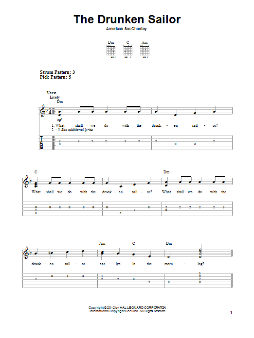 Traditional The Drunken Sailor sheet music notes and chords. Download Printable PDF.