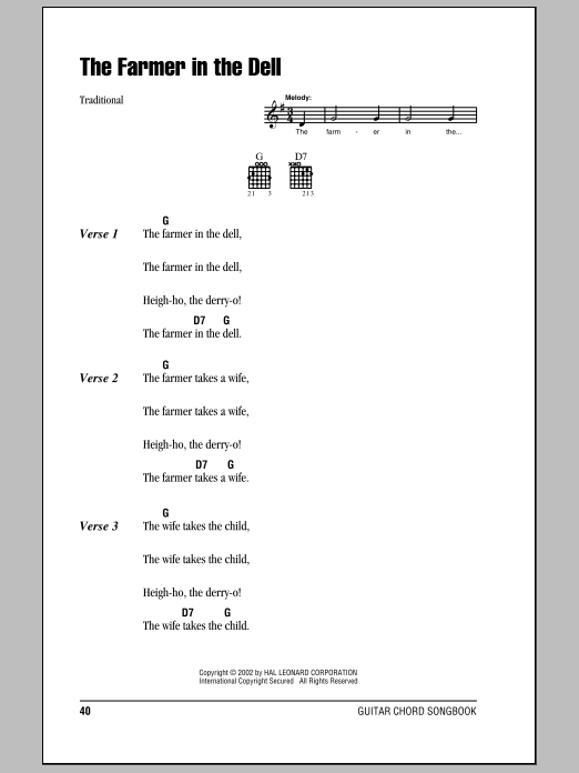 Traditional The Farmer In The Dell sheet music notes and chords. Download Printable PDF.