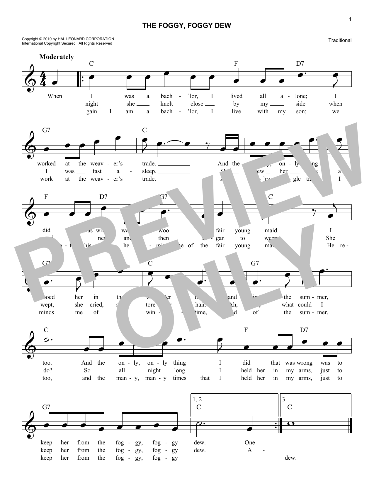 Traditional The Foggy, Foggy Dew sheet music notes and chords arranged for Piano, Vocal & Guitar Chords (Right-Hand Melody)