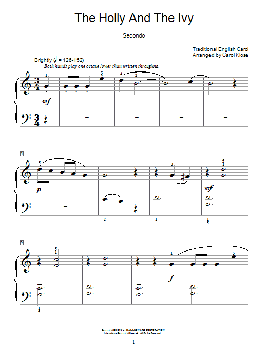 Christmas Carol The Holly And The Ivy sheet music notes and chords arranged for Piano Solo