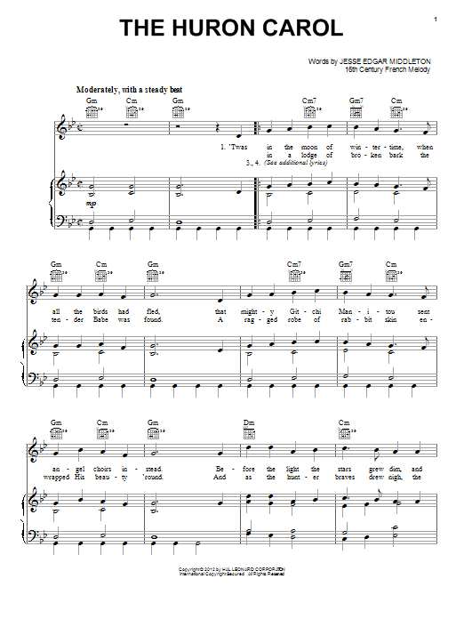 Traditional The Huron Carol sheet music notes and chords. Download Printable PDF.