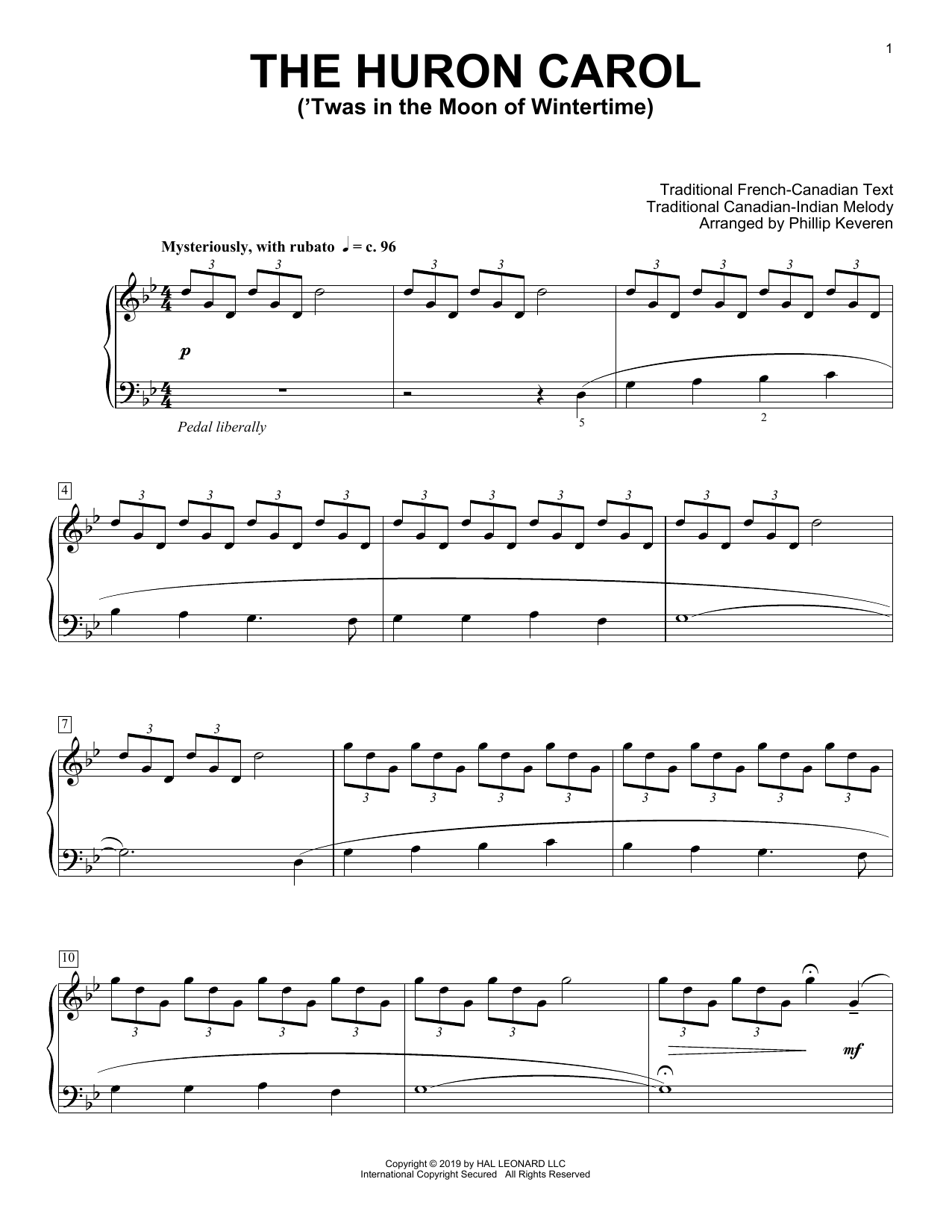 Traditional The Huron Carol ('Twas In The Moon Of Wintertime) [Classical version] (arr. Phillip Keveren) sheet music notes and chords. Download Printable PDF.