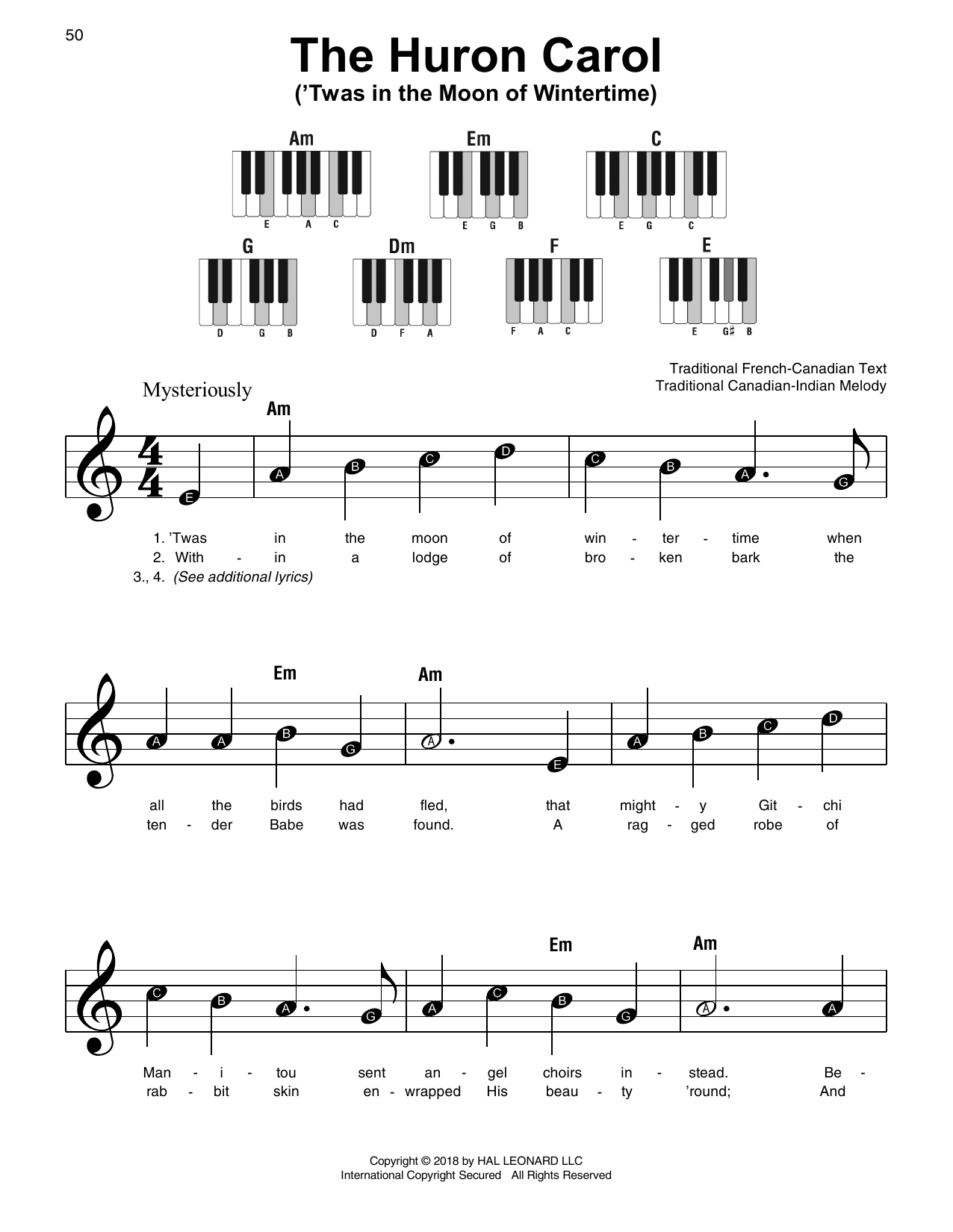 Traditional The Huron Carol ('Twas In The Moon Of Wintertime) sheet music notes and chords. Download Printable PDF.