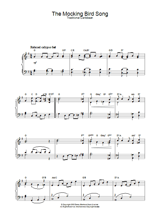 Learn to play Traditional The Mocking Bird Song sheet music for Piano Solo in minutes. Price: 7.8900$ Traditional The Mocking Bird Song sheet music notes and chords arranged for Piano Solo