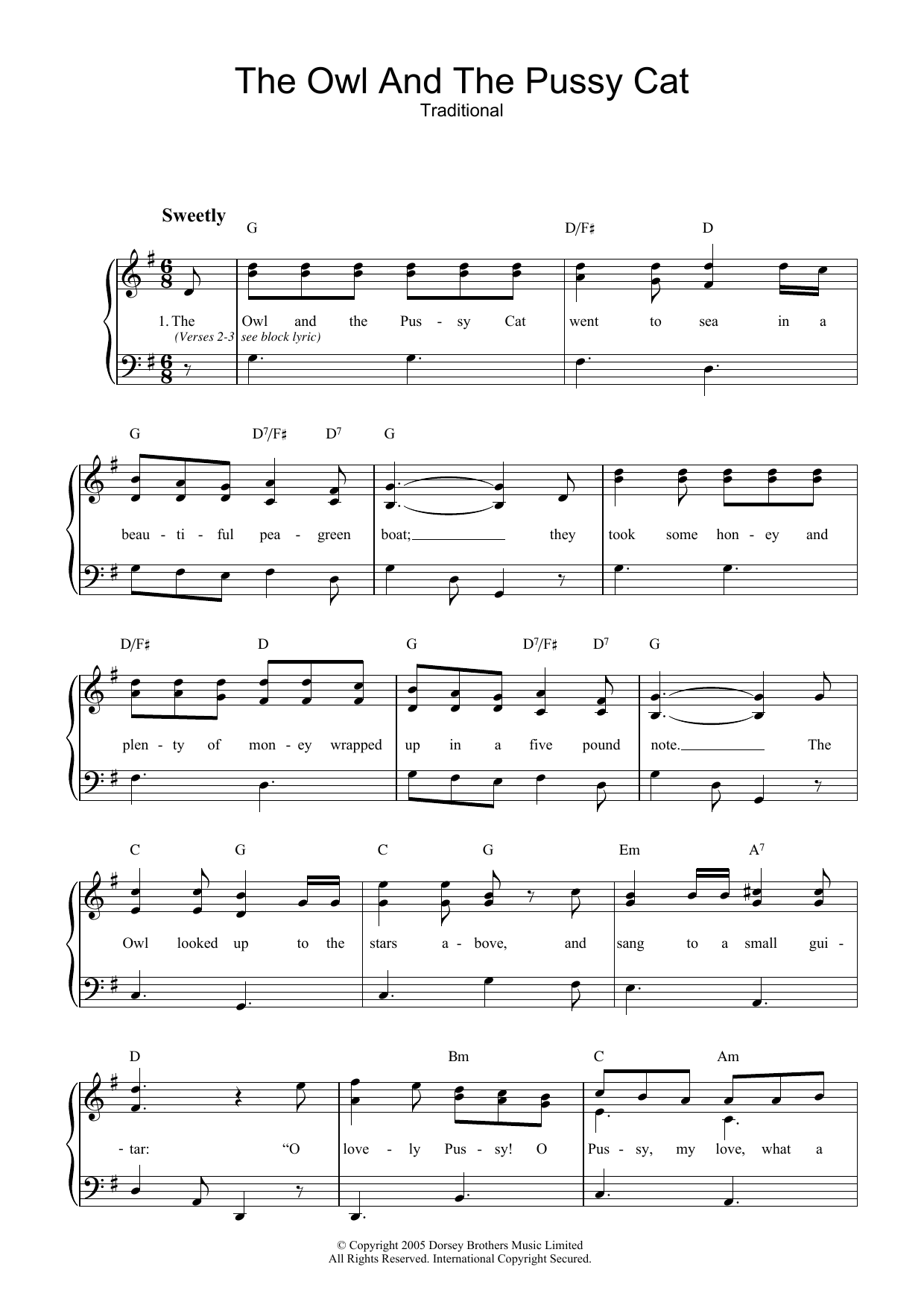 Traditional The Owl And The Pussy Cat sheet music notes and chords arranged for Piano & Vocal