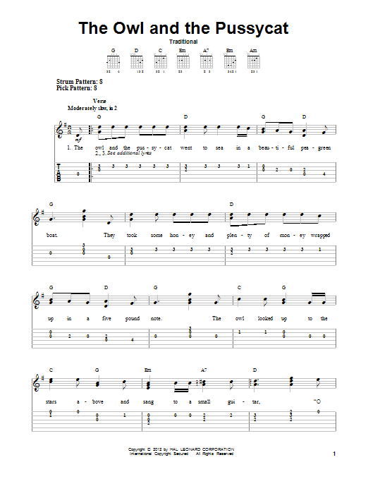 Traditional The Owl And The Pussycat sheet music notes and chords. Download Printable PDF.