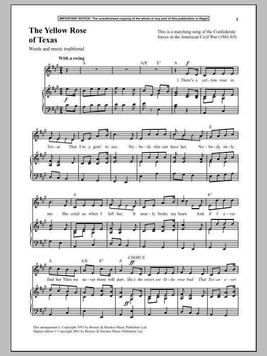 Traditional The Yellow Rose Of Texas sheet music notes and chords. Download Printable PDF.