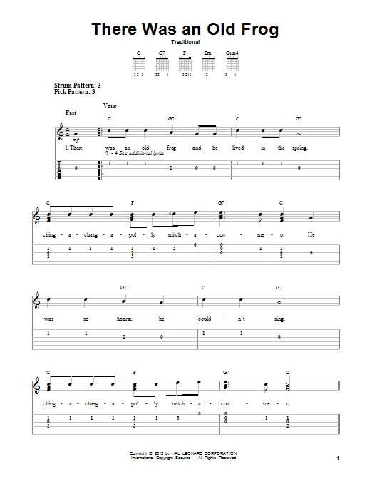 Traditional There Was An Old Frog sheet music notes and chords. Download Printable PDF.