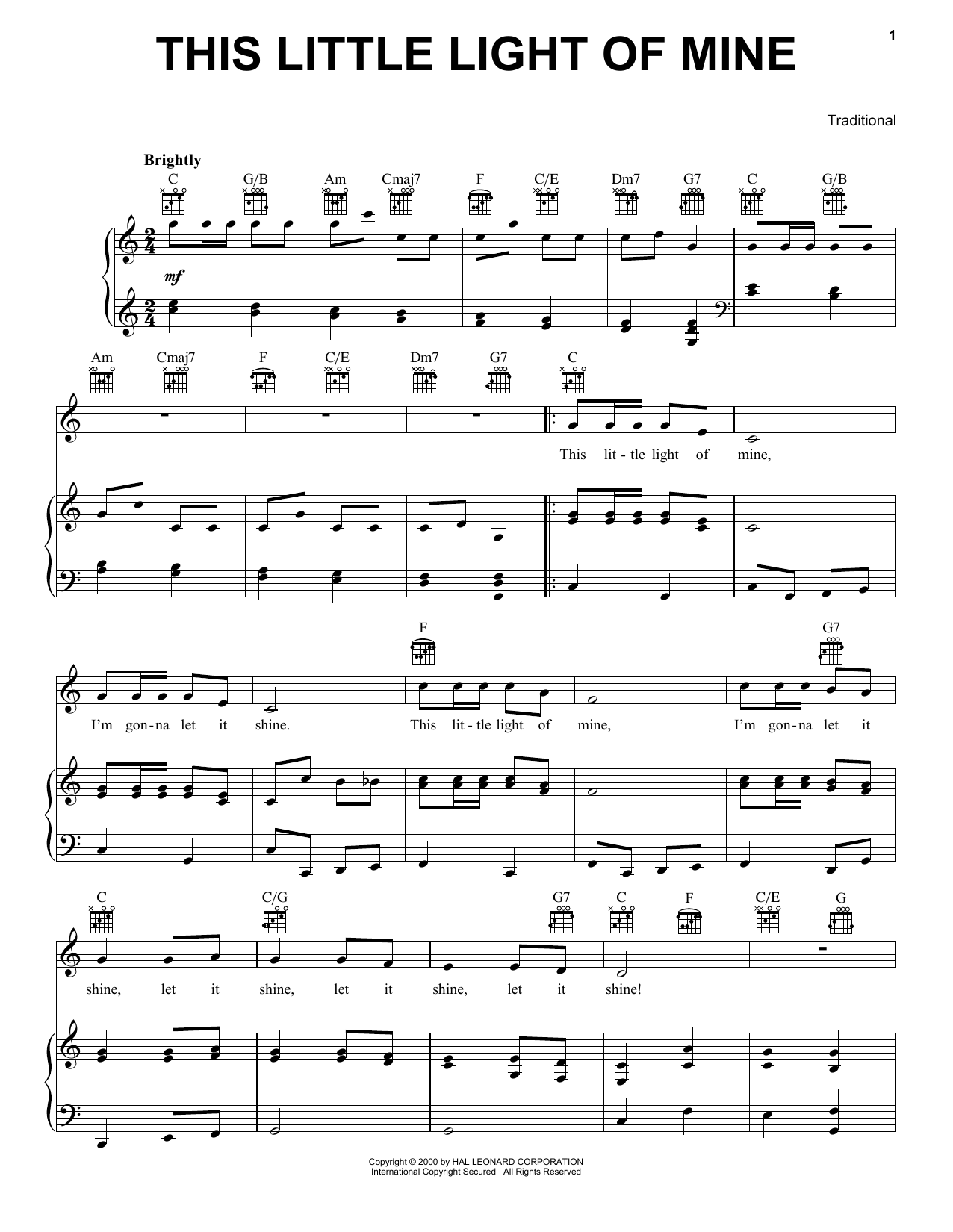 Traditional This Little Light Of Mine sheet music notes and chords. Download Printable PDF.