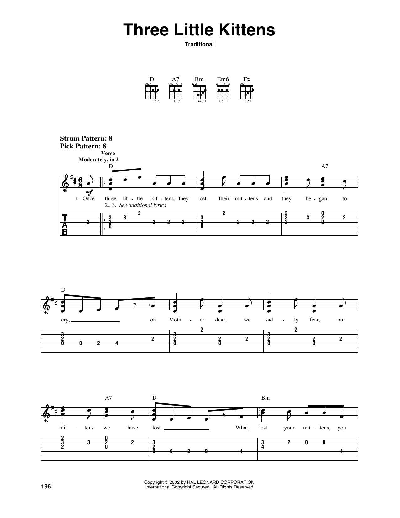 Traditional Three Little Kittens sheet music notes and chords. Download Printable PDF.