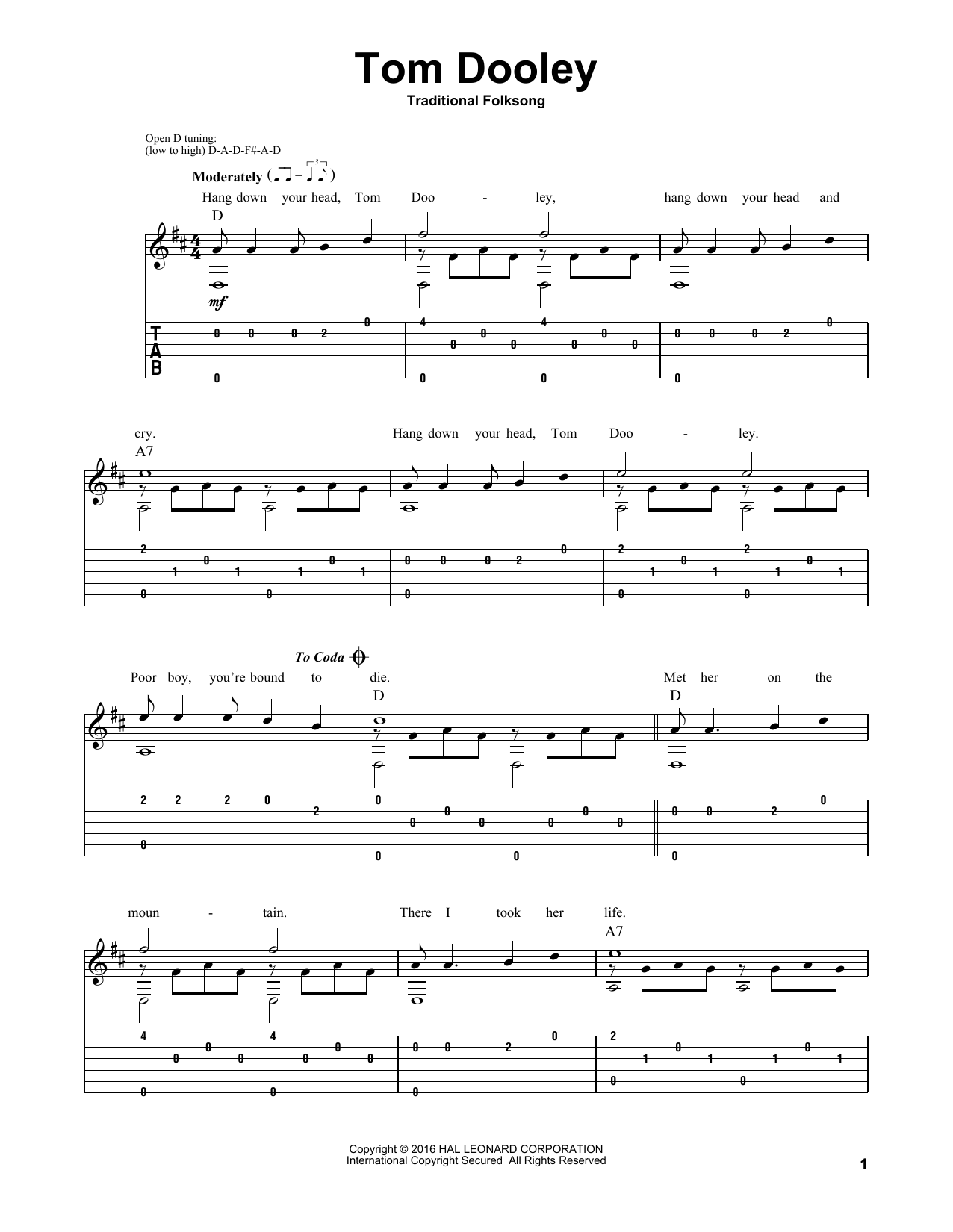 Traditional Tom Dooley sheet music notes and chords. Download Printable PDF.