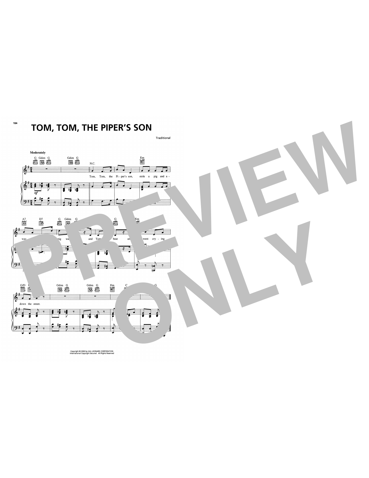 Traditional Tom, Tom, The Piper's Son sheet music notes and chords arranged for Piano, Vocal & Guitar Chords (Right-Hand Melody)
