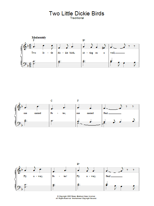 Learn to play Traditional Two Little Dickie Birds sheet music for Piano, Vocal & Guitar Chords in minutes. Price: 7.8900$ Traditional Two Little Dickie Birds sheet music notes and chords arranged for Piano, Vocal & Guitar Chords