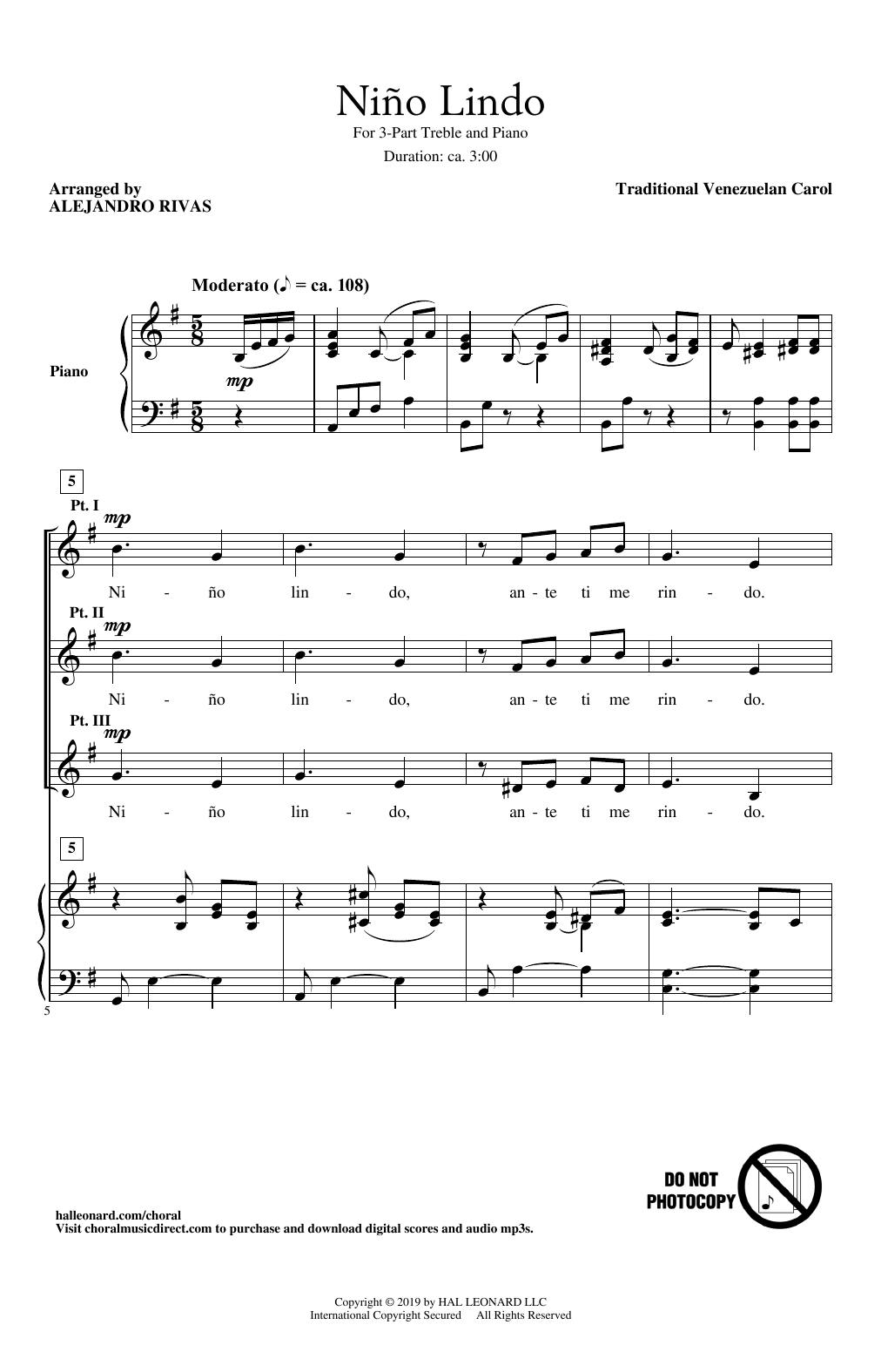 Traditional Venezuelan Carol Nino Lindo (arr. Alejandro Rivas) sheet music notes and chords. Download Printable PDF.