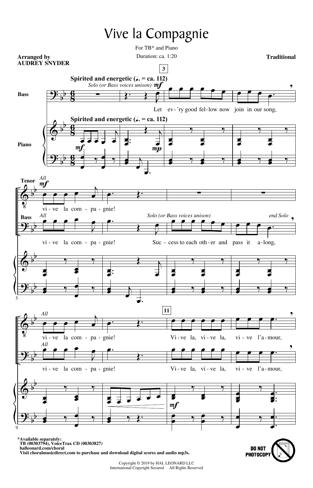 Learn to play Traditional Vive La Compagnie (arr. Audrey Snyder) sheet music for TB Choir in minutes. Price: 3.9900$ Traditional Vive La Compagnie (arr. Audrey Snyder) sheet music notes and chords arranged for TB Choir