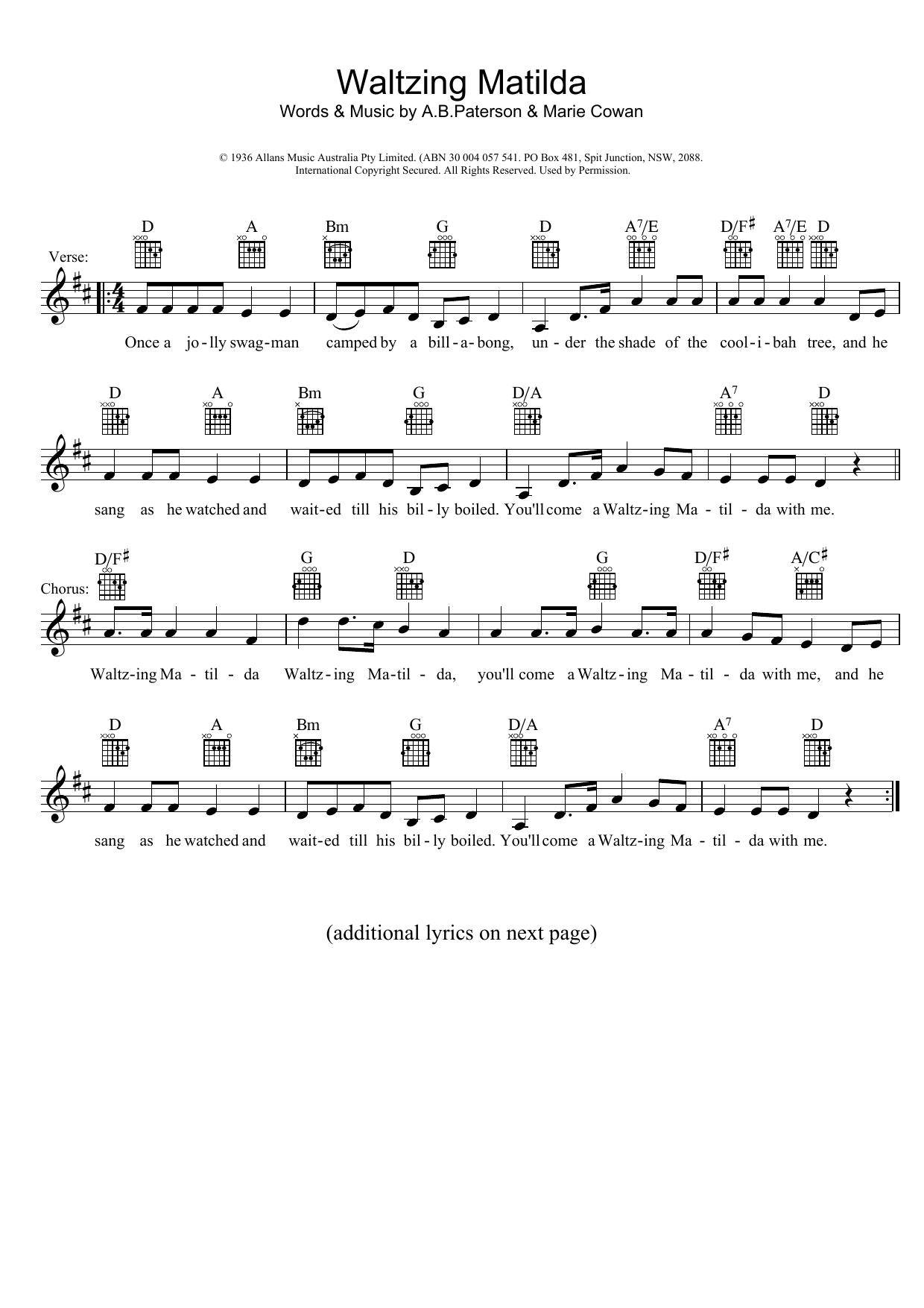 Traditional Waltzing Matilda sheet music notes and chords. Download Printable PDF.