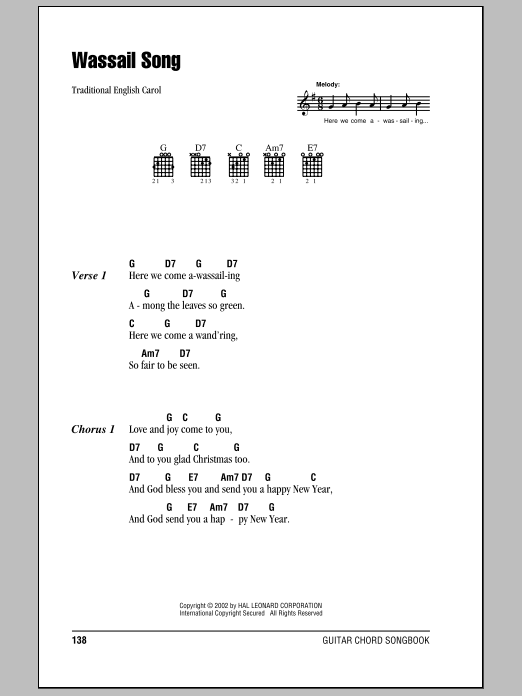 Traditional Wassail Song sheet music notes and chords. Download Printable PDF.