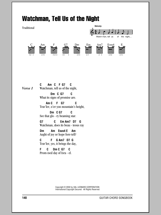 Traditional Watchman, Tell Us Of The Night sheet music notes and chords. Download Printable PDF.