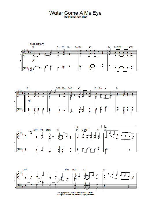 Learn to play Traditional Water Come A Me Eye sheet music for Piano Solo in minutes. Price: 7.8900$ Traditional Water Come A Me Eye sheet music notes and chords arranged for Piano Solo