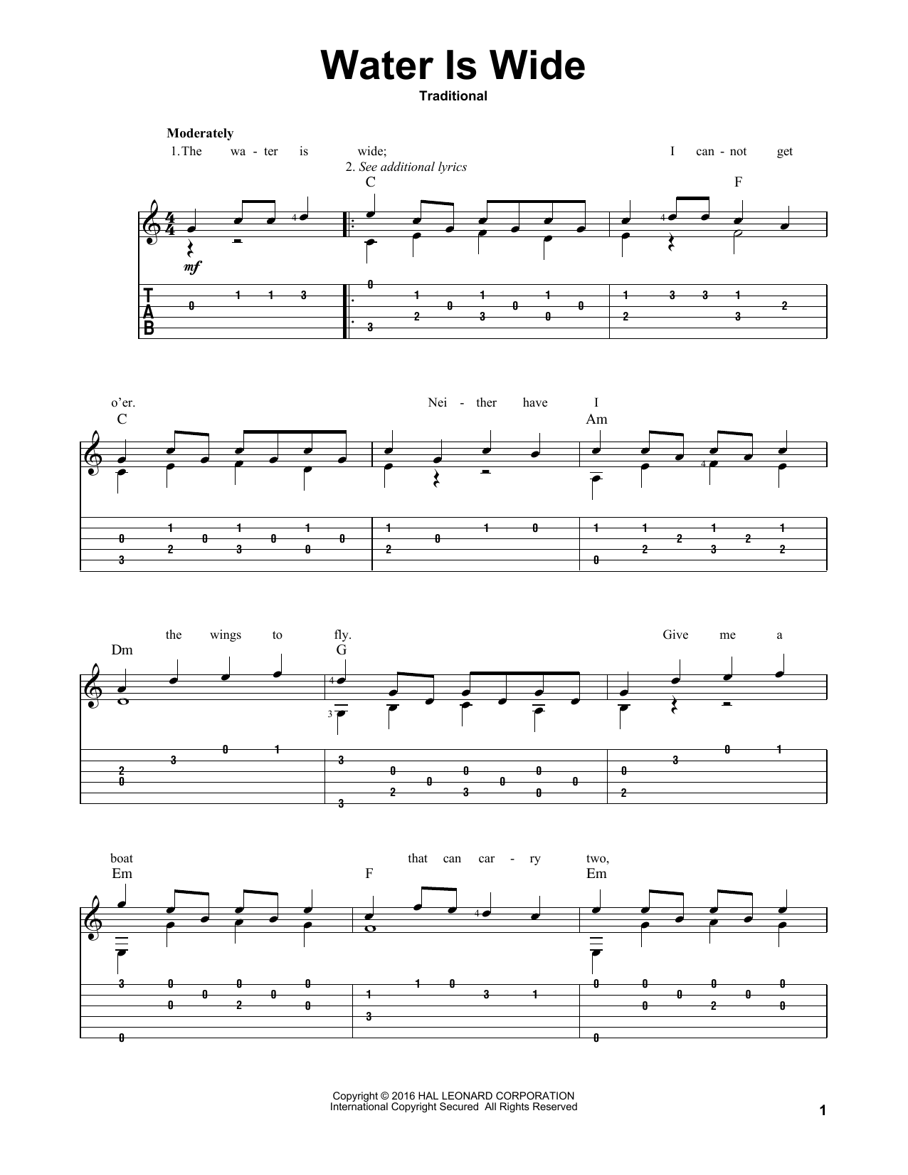 Traditional Water Is Wide sheet music notes and chords arranged for Solo Guitar