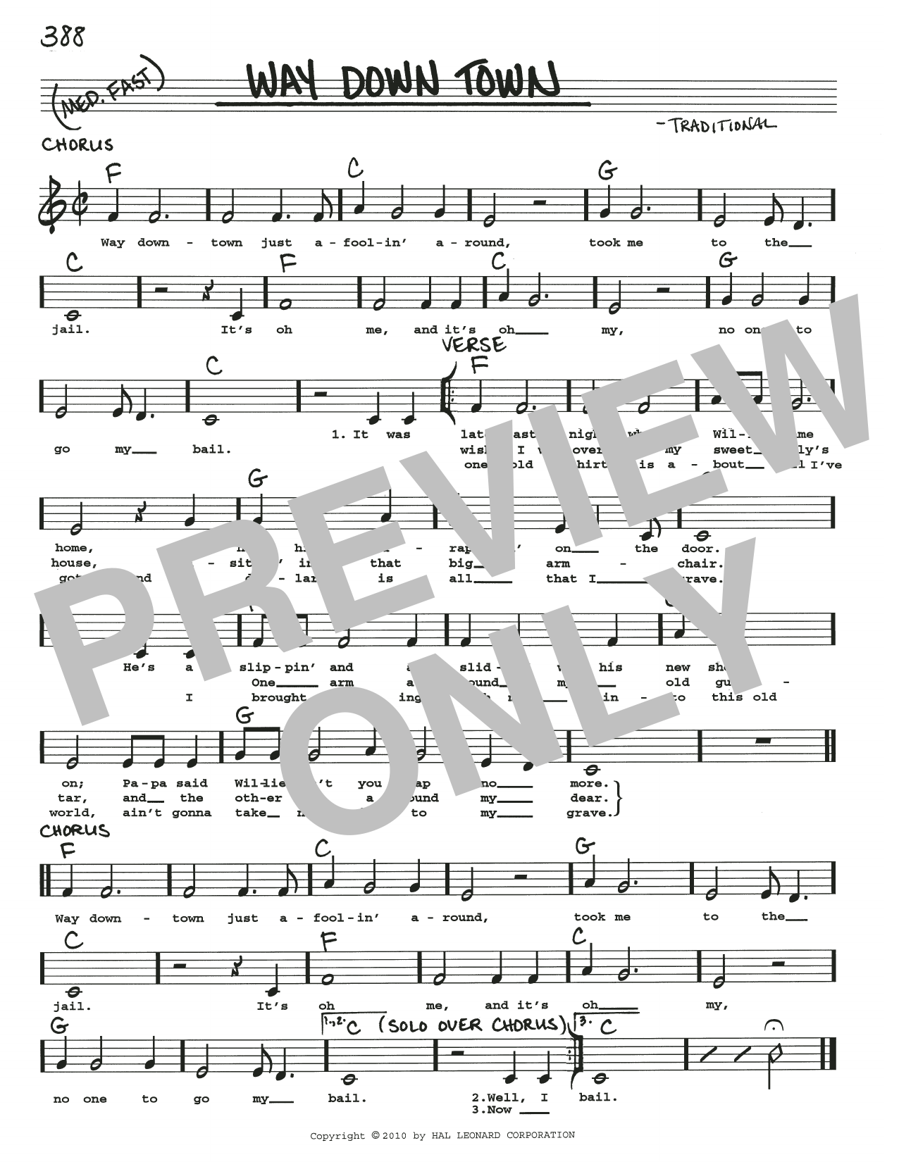 Traditional Way Down Town sheet music notes and chords arranged for Real Book – Melody, Lyrics & Chords