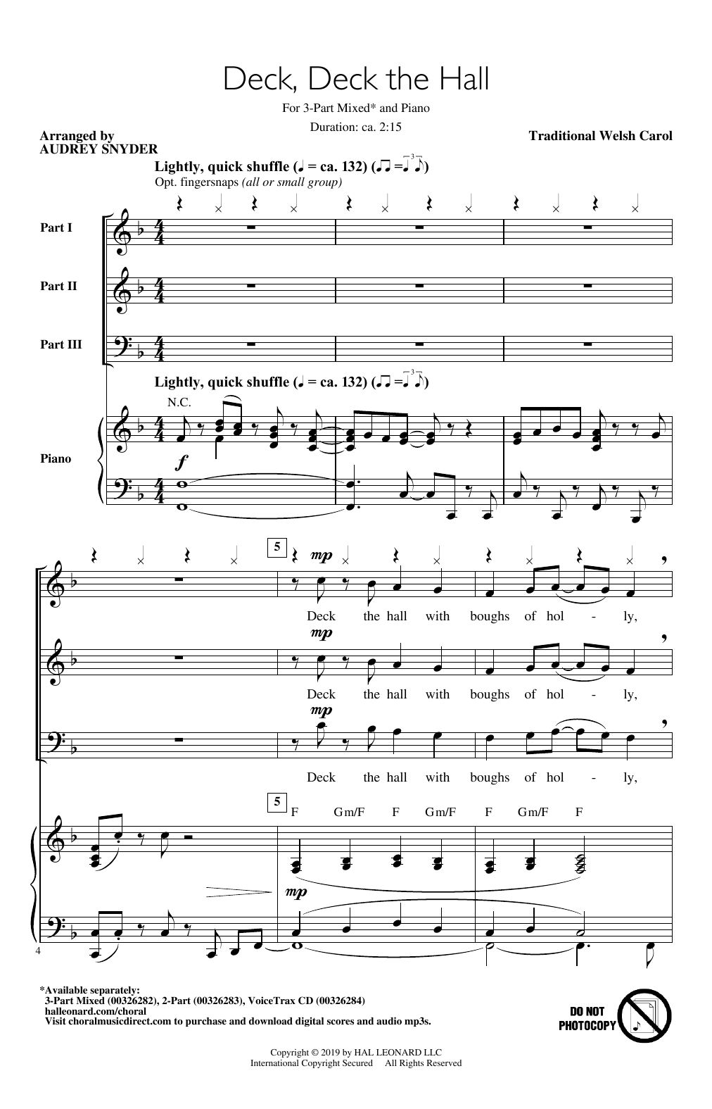 Traditional Welsh Carol Deck, Deck The Hall (arr. Audrey Snyder) sheet music notes and chords. Download Printable PDF.