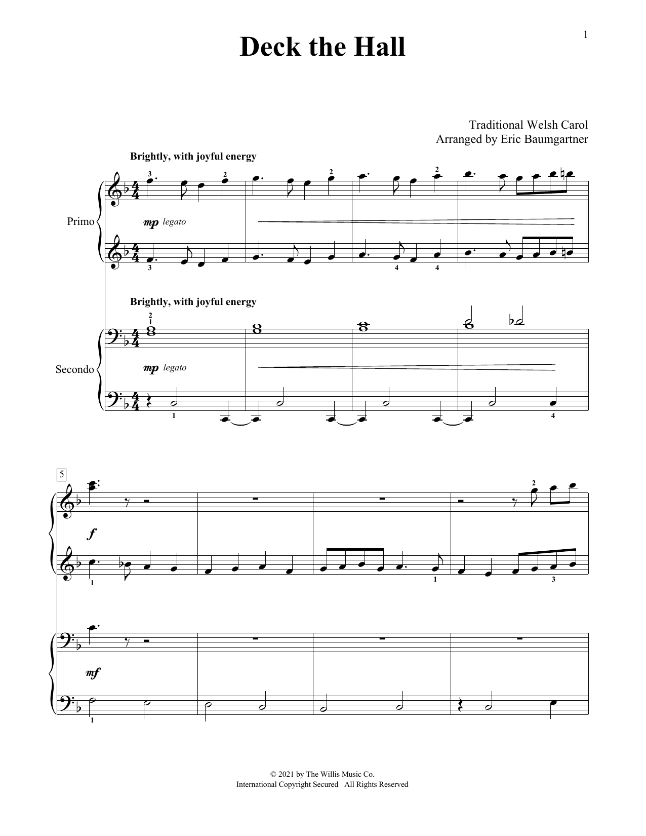 Learn to play Traditional Welsh Carol Deck The Hall (arr. Eric Baumgartner) sheet music for Piano Duet in minutes. Price: 7.8900$ Traditional Welsh Carol Deck The Hall (arr. Eric Baumgartner) sheet music notes and chords arranged for Piano Duet