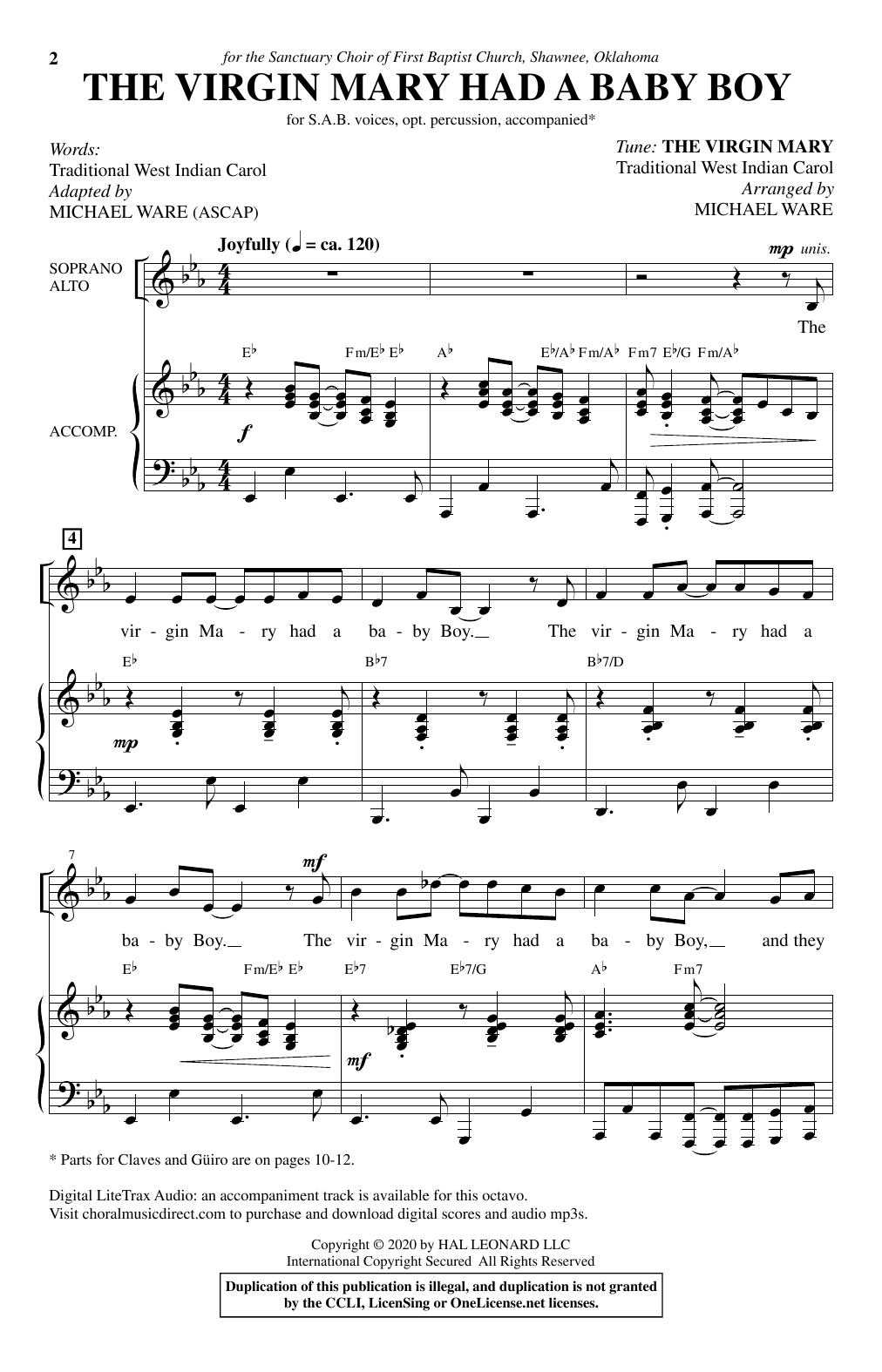 Traditional West Indian Carol The Virgin Mary Had A Baby Boy (arr. Michael Ware) sheet music notes and chords. Download Printable PDF.